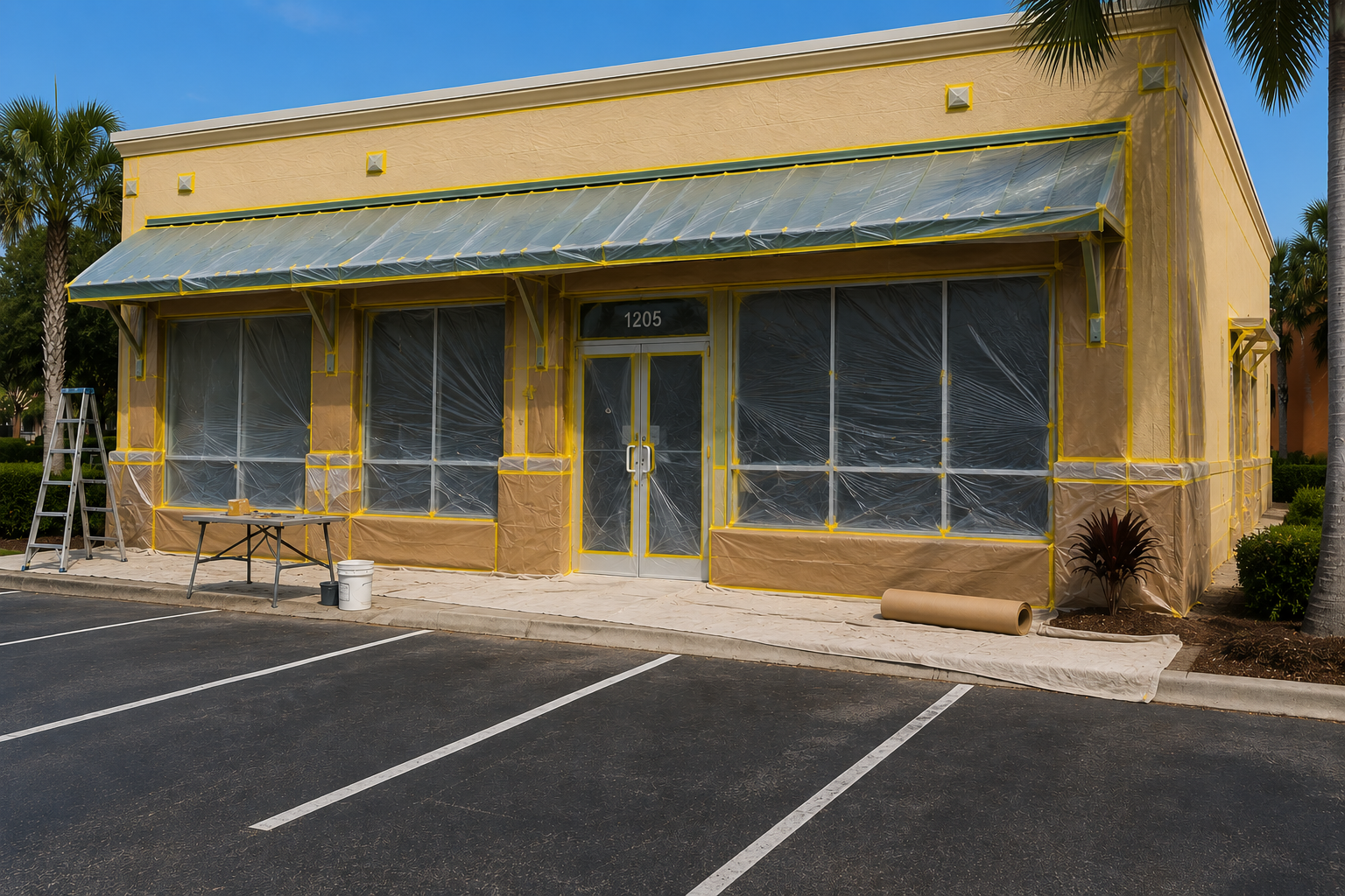 Commercial storefront being prepped for painting with masking and protective covering