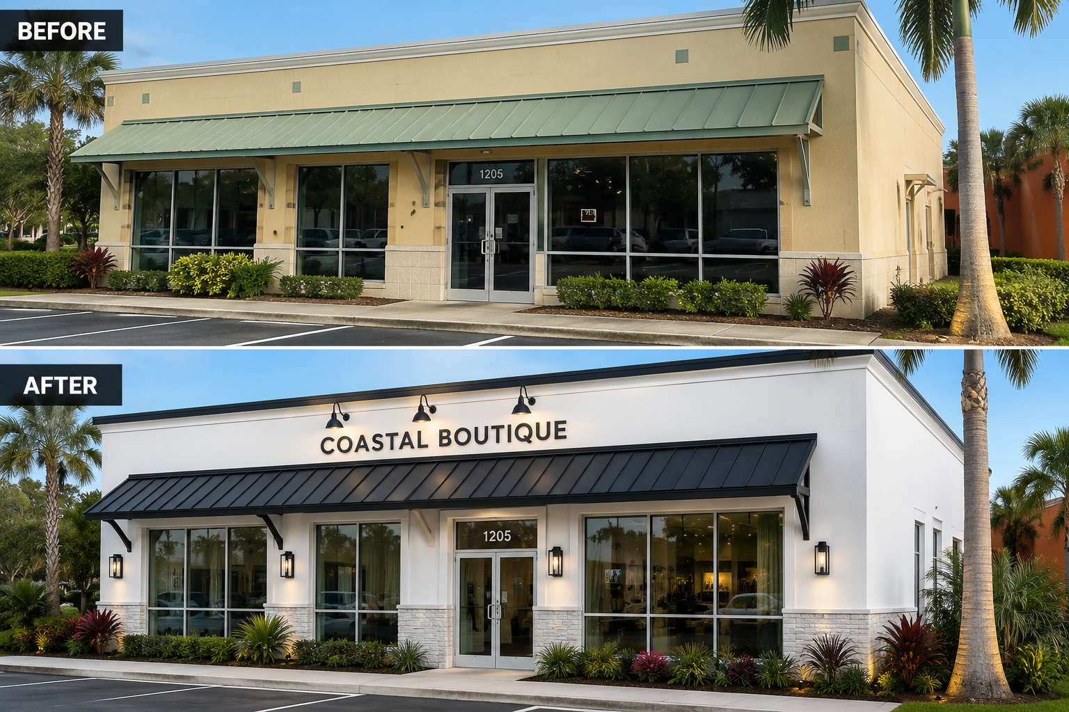 Retail storefront painting transformation - before and after