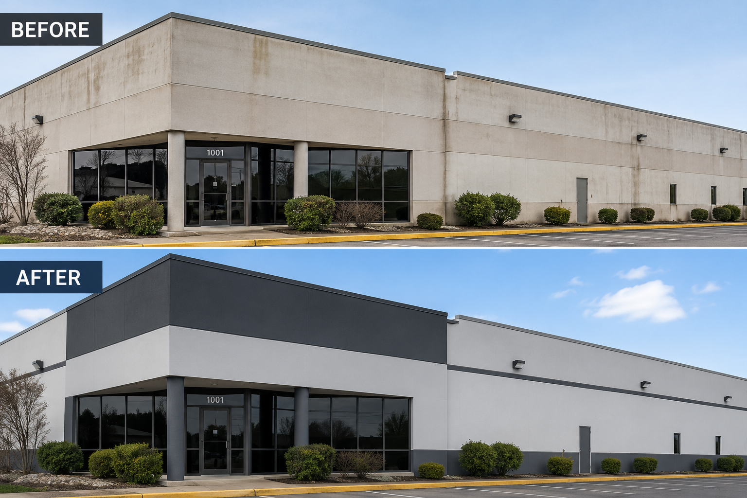 Warehouse exterior painting transformation - before and after
