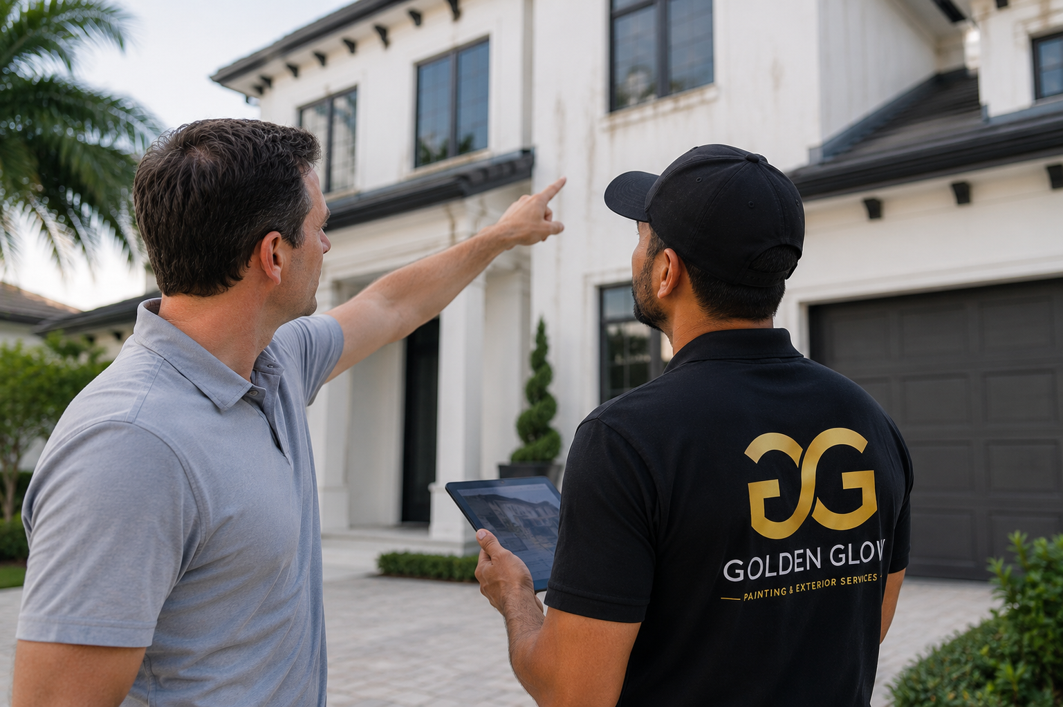 Golden Glow professional consulting with homeowner on exterior painting project